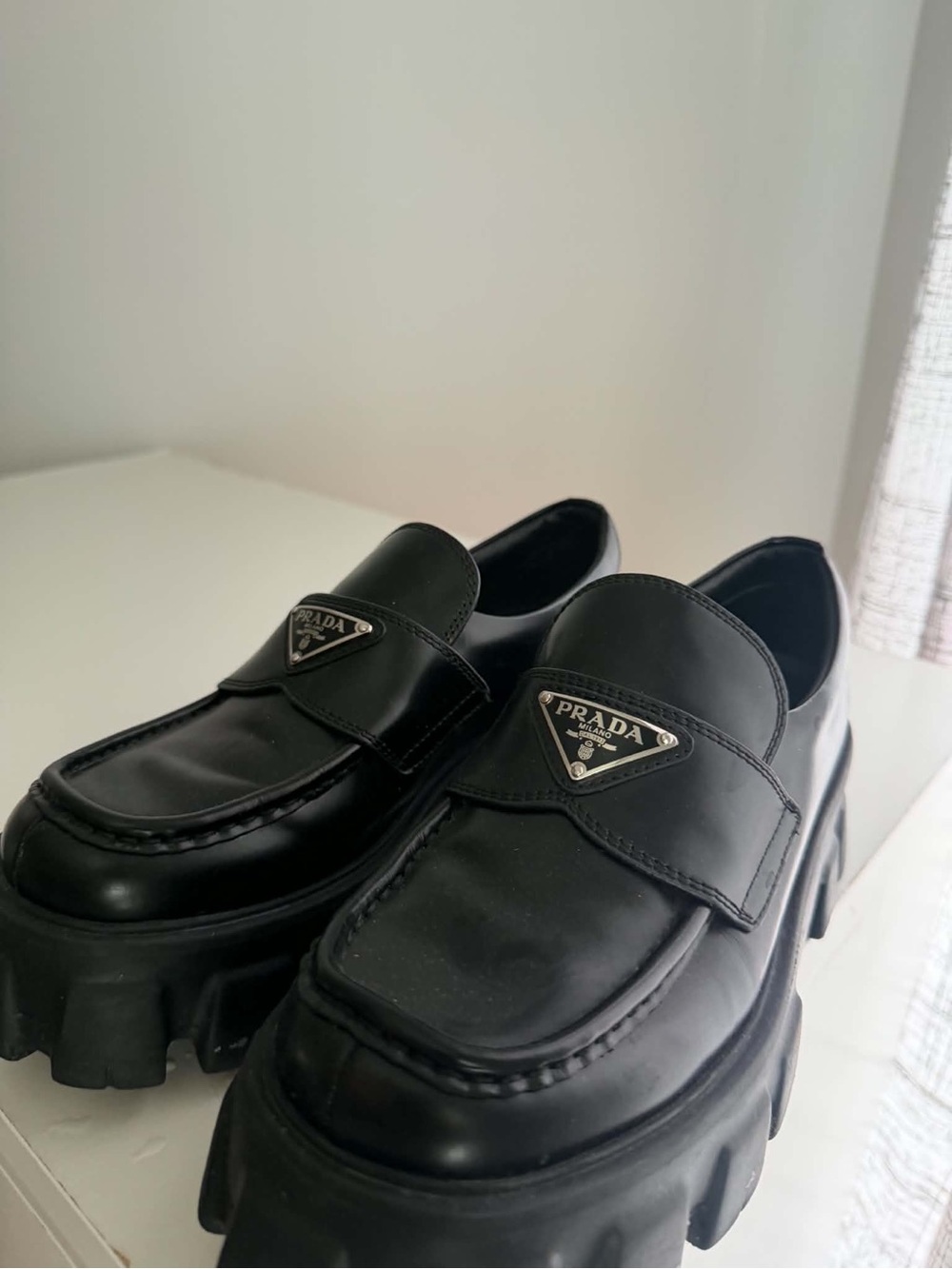 Prada Black Leather Chunky Platform Loafers with Triangle Logo